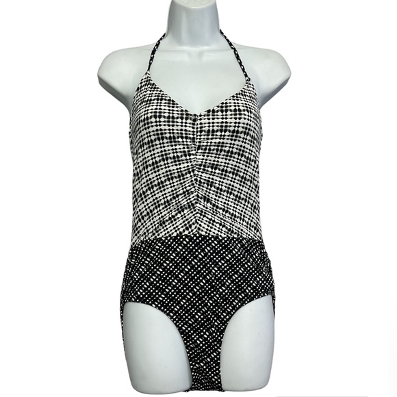 ATHLETA Black And White One Piece Ruched Front Halter Top Bathing Suit Sz XS GUC - Picture 1 of 5